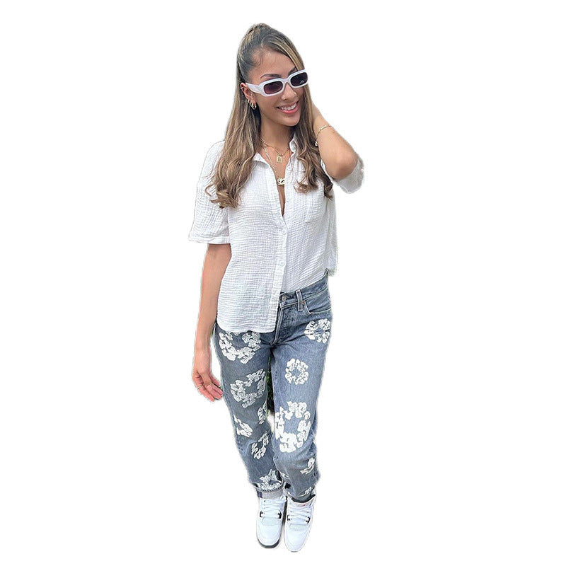 Fashionable Printed High Waist Straight Jeans For Women - Bellarte Enchanté Fashionable Printed High Waist Straight Jeans For Women